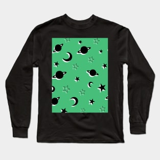 Space Planets and Stars Pattern on Green Background Long Sleeve T-Shirt